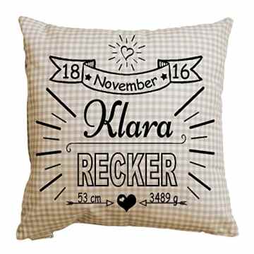 Kissen mit Namen und Geburtsdaten personalisiert Geschenk zur Geburt karriert div. Farben