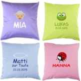 Kissen mit Namen und Motiv 40x40cm zur Geburt, Taufe, Geburtstag, Taufkissen