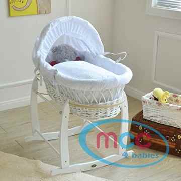 Komplettset Moses Weidenkorb, Baby Korb, in natur mit Matratze, Bezug und Schaukelgestell, Stubenwagen, WEISS