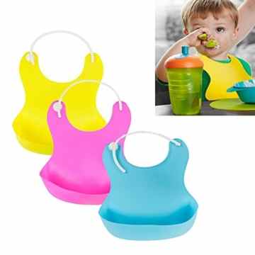 LIVEHITOP Wasserdichte Silikon Baby Lätzchen 3 Stück, Easy Wear Wischen Sauberes, weiches Roll-up-Gebot mit Taschenverstellbares Neckband für Babys und Kleinkinder (Blau, Rose, Gelb)