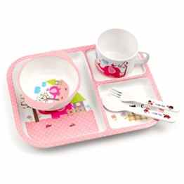 Lantelme 6204 Kinder Essgeschirr Set aus Melamin rosa / weiss – Kindergeschirr mit Teller – Tasse und Besteck