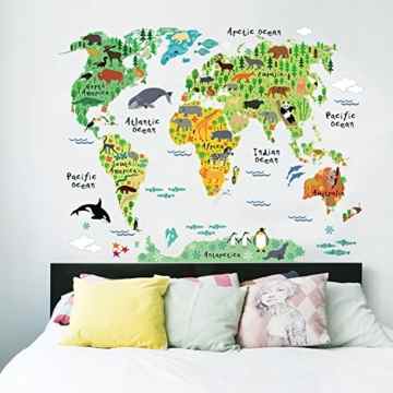 Loveven Wandsticker-Dekoration Weltkarte und Wilde Tiere Wandtattoos Schlafzimmer Wohnzimmer Büro Kunst Wandstickers