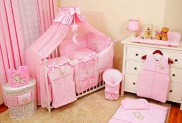 Lux4Kids Kinderbettausstattung Bett Set 135×100 Nestchen Wickelauflage Himmel & Stange Mobile Kopfkissen Spannbettlacken