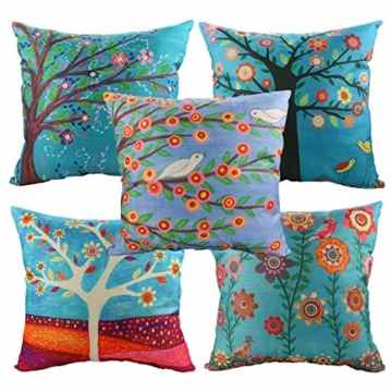 Luxbon 5er in Packung Chic Stil Bunt Baum Blumen Vogel Leinen Kissenbezug Lendenkissen Wurfkissenbezug Pillowcase Cafe Haus Auto Deko 18 x 18 “