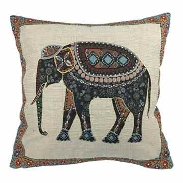 Luxbon Baumwolle Leinen Kissenbezug Kissenhülle Dekokissen für Hause Zimmer Sofa Auto 45 x 45 cm Tapestry Jacquard Retro indischer Elefant