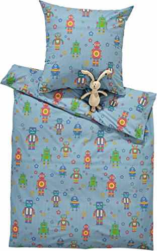 MERADISO® Kinder Renforcé-Bettwäsche, 100% Baumwolle (hellblau – Roboter, 135 x 200 cm)