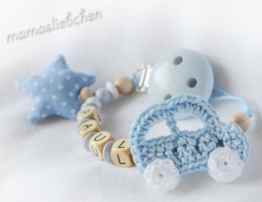 Mamasliebchen Premium Schnullerkette Auto mit Name und Stern hellblau 16522