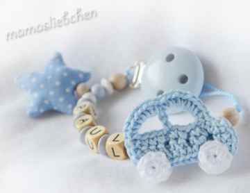 Mamasliebchen Premium Schnullerkette Auto mit Name und Stern hellblau 16522