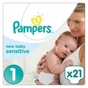 Pampers Premium Protection New Baby Sensitive Größe 1 (Neugeborene) 2-5 kg Tragepack, Windeln, 1er Pack (1 x 21 Stück)
