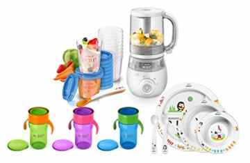 Philips AVENT Baby-Set 6-tlg. Avent SCF875 Dampfgarer + AVENT SCF721 Aufbewahrungssystem + AVENT SCF716 Ess-Lern-Set + AVENT SCF784 Trinklernbecher 340ml in grün, blau und lila
