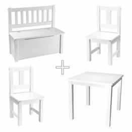 [Rabando] – Kindersitzgruppe 1x Kindertisch mit 2x Kinderstühlen + 1x Kinderbank Holz Weiß lackiert