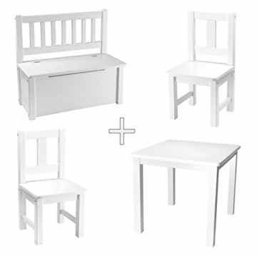 [Rabando] – Kindersitzgruppe 1x Kindertisch mit 2x Kinderstühlen + 1x Kinderbank Holz Weiß lackiert