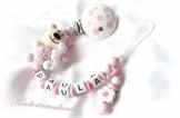 Schnullerkette Teddy mit Namen – Mädchen – (Rosa, Weiß, Blümchen)