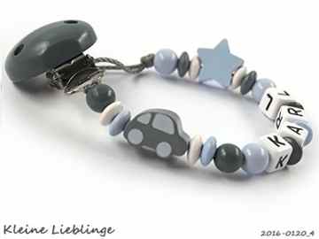 Schnullerkette mit Namen für Jungen 3 – 9 Buchstaben Auto Stern – dunkelgrau, grau, pastellblau, weiß – tolles Geschenk zur Taufe oder Geburt