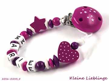 Schnullerkette mit Namen für Mädchen 3 – 10 Buchstaben Stern/Herz – Sternenclip dunkelpink, beere, weiß Mädchen