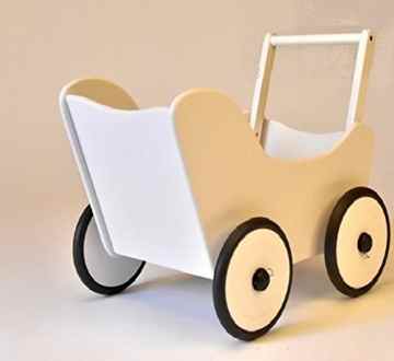 SchwabenKids® Puppenwagen weiß-weiß + Kissen+ Bremse Lauflernwagen Lauflernhilfe Holzpuppenwagen
