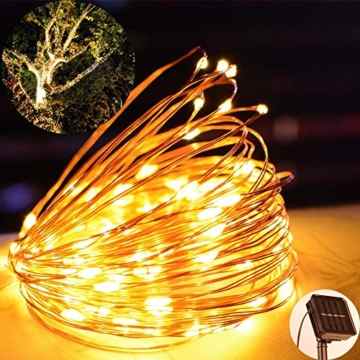 Solar Lichterkette 10 Meter 100 LEDs Kupferdraht Wasserdicht IP65 Solarlichterkette für Weihnachten, Garten, Schlafzimmer, Hochzeit, Outdoor – Warmweiß