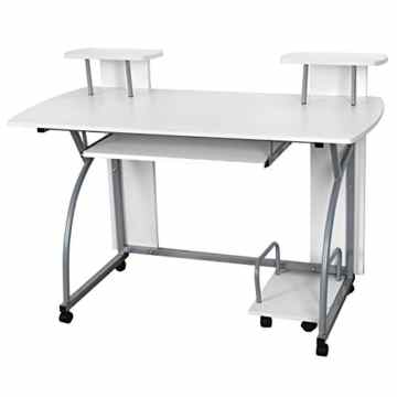 Songmics 120 x 59 x 90 cm Computerschreibtisch mit Tastaturauszug 2 Regale 8 Kunststoffrollen weiß PC Tisch für das Home Office LCD812W