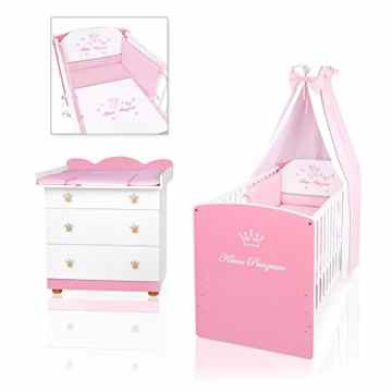 Sparset Babybett Kleine Prinzessin 120cm x 60cm Komplett set 11 tlg + Wickelkommode
