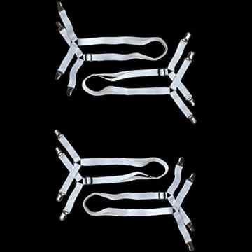 Toweter 2 Set,4 Stück 3-Way unter Matratze Bett / Bettlaken Verschluss verstellbar, kreuz und quer Bettlaken Bänder Hosenträger (Weiß)