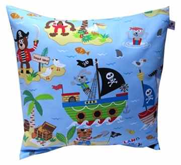 TryPinky® Kissenhülle Kissenbezug „Piraten Hellblau Grün“ 40 X 40 cm Kissen für Kinder Pirat Schiff Jungen 100 % Baumwolle Kinderzierkissen Jungen Abenteuer Schiff Bär Tiger