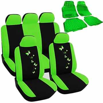 WOLTU 7258+7159 Universal Auto Sitzbezüge Sitzbezug Set , inkL. Fußmatten Matten , ALU Look Chorm optik Riffelblech , Schonbezüge mit Butterfly , Schwarz&Grün