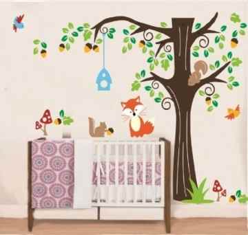 WallStickersDecal® WallStickersDecal Waldtiere Fuchs und Eichhörnchen und Vögel Baum Wandtattoos