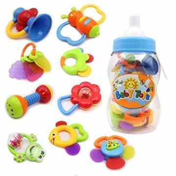 Wishtime Baby erstes Rassel und Beißring Spielzeug 9 Stücke mit Große Baby Flasche Spardose Geschenk set(zufällige Farben) …
