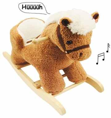 XL Plüsch und Holz Schaukelpferd – mit Sound / Melody / Musik – mit Einstieghilfe und Sicherheitsgurt – Schaukeltier mit Plüschbezug / Kind Schaukel Esel Pony Plüschschaukel für Kinder Mädchen Jungen