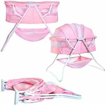 Baby Beistellbett Komfort Reisebett Little World flach klappbar Sichtfenster Aufbewahrungsnetz Babybett inklusive Matratze und 3-Positionshaube dreifach einstellbar Insektenschutz Rosa Mädchen -