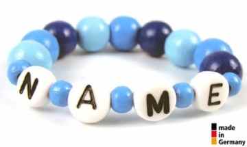 Baby Kinder Armband mit Namen Taufe Geburt Holz blau -