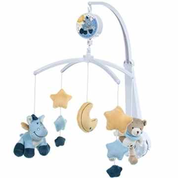 Baby Musikmobile (+ SPIELUHR) Mobile für Kinderbett / Babybett (ESEL-BÄRCHEN-STERNE-MOND) -