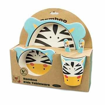 BambooFox Kindergeschirr set – Buntes Bambus Geschirr und Besteck Set mit Motiven – 100% Bio Bambus – umweltfreundlich (Zebra) -