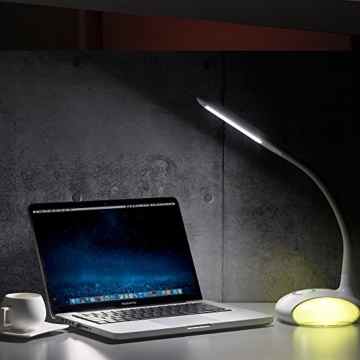 BESTEK 5W Dimmbare Akku LED Schreibtischlampe Tischleuchten mit Magischer RGB Atmosphäre in Lampefassung, Augenschutz, Touchfeld, 3 Helligkeitsstufen, Kabellos, Energiesparend, Weiß -