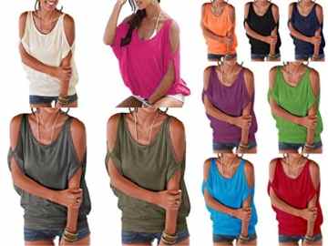 Bigood Sexy Schulterfrei Rundhals Loose Baumwollmischung Sommer T-Shirts Kurze Ärmel Shirt Oberteil Top -