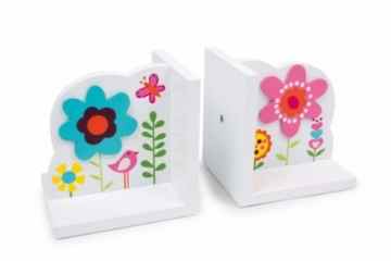 Buchstützen „Blume“ aus weiß lackiertem Holz, mit bunten Blumen-Motiven und Applikationen, ein fröhlicher Blickfang im Kinderzimmer -