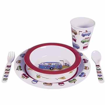 Camping Geschirr aus Melamin 5-teilig für Kinder, Tafelservice Spülmaschinenfest für Picknick, Kratzfest und Bruchsicher, Geschirrset im kinderfreundlichem Design, Kindergeschirr mit Kinderbesteck -