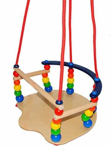 DELUXE – Schaukel aus Holz – mit Gurt – Gitterschaukel / Kinderschaukel – leichter Einstieg ! – mitwachsend & verstellbar – Babyschaukel – verstellbare Kleinkindschaukel – Holzschaukel Baby Kinder – Holzgitterschaukel für Innen und Außen – Indoor Outdoor – mit Sicherheitsstäben / bunte Stäbe – Holzbabyschaukel – Garten oder im Haus -