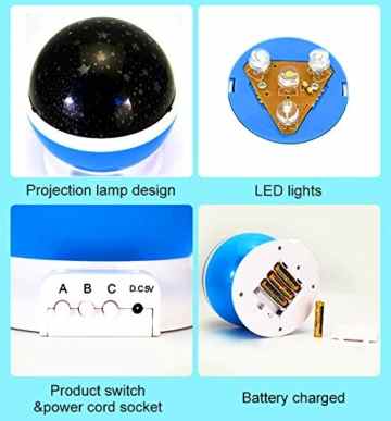 Ecandy 360° drehbarer 3 Modus Lichtprojektor, Romantisches Kosmos Sternhimmel für Schlafzimmer, Nachtlicht für Kinder, Babys, Weihnachtsgeschenk, Liebhaber, USB/Battierie betrieben.(blau) -