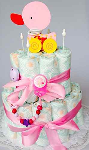 Elfenstall Windeltorte / Pamperstorte mit Spielzeug und Schnullertkette als tolles Geschenk / Geschenkset zur Geburt oder Taufe auf Wunsch mit Name des Babys -
