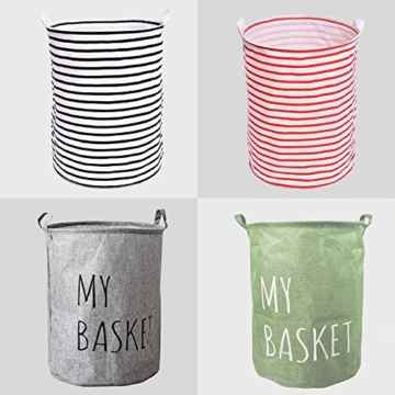 Faltbar Wäschesammler Eimer, groß wasserdicht beschichtet Baumwolle Natürliche Ramie Stoff klappbar Zylindrische Stauraum Müllbeutel-Jute Leinwand Aufbewahrungskorb Bucket 50 cm schwarz und weiß Streifen Design weiß -