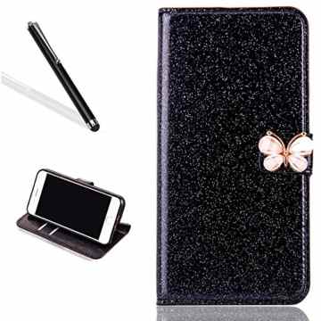 Galaxy S6 Edge Hülle,Bling Glitzer Hülle für Samsung S6 Edge,Leeook Luxus Noble Sparkle Schwarz PU Leder Handyhülle Schutzhülle Tasche Klapphülle Flip Folio Case Glitzer Book Stand Wallet Hülle Cover ID Card Karte Etui Skin Shell Handytasche Bumper mit Schmetterling Butterfly Magnetverschluß für Samsung Galaxy S6 Edge + 1 x Schwarz Eingabestift-Black -