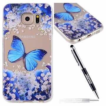 Galaxy S7 Hülle,Silikon Schutzhülle für Samsung Galaxy S7,JAWSEU Schön Blau Blume Schmetterling Muster Kristall Klar Anti-Scratch Weich Flexibel Bumper Tpu Gel Handyhülle Ultradünn Durchsichtige Tasche Case Cover Etui für Samsung Galaxy S7+1xSchwarz Glitzer Bling Eingabestift-Blau Blume Schmetterling -
