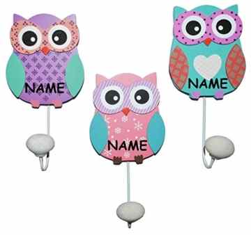 Garderobenhaken – Eulen aus Holz + Metall – Wandhaken Kindergarderobe mit 1 Kleiderhaken Kind Wandgarderobe – für Innen und Außen – bunte Eule Vögel Tiere -