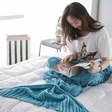 Handmade Scales Fringed Mermaid Blankets for Adults Kids in Living Room and Sofa (hellblau) -