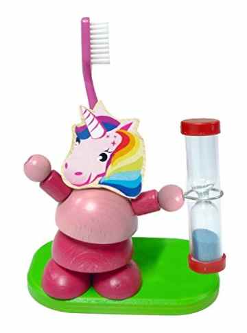 Hess Holzspielzeug 14588 – Zahnputzuhr aus Holz, Einhorn, ca. 10 cm -