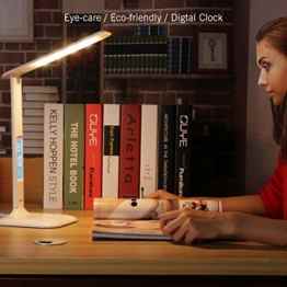 IUQY LED Schreibtischlampe blendfrei Leselampe Höhenverstellbare, dimmbare, Augenschutz LED, Touch Control 5 Helligkeitsstufen – 3 Lichtarten (warmweiß, kaltweiß, natürlich) mit LCD Display integriertem Wecker, Datums Kalender -