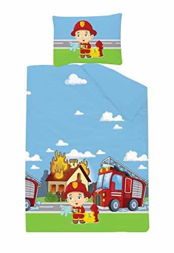 KiGATEX Premium Kinderbettwäsche Feuerwehr 40×60 + 100×135 cm 100% Baumwolle mit Reißverschluss Öko-Tex 100 zertifiziert -