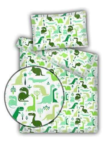 Kinderbettwäsche Dino grün 2-tlg. 100% Baumwolle 40×60 + 100×135 cm Öko-Tex 100 zertifiziert -