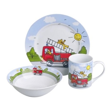 Kindergeschirr Kinderset Feuerwehr 3tlg Becher, Teller, Schale Porzellan -